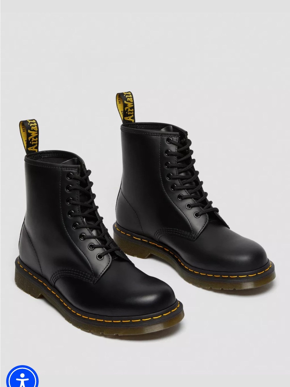 Dr. Martens Black Leather 8-Eye Lace-Up Boots with Yellow Stitching